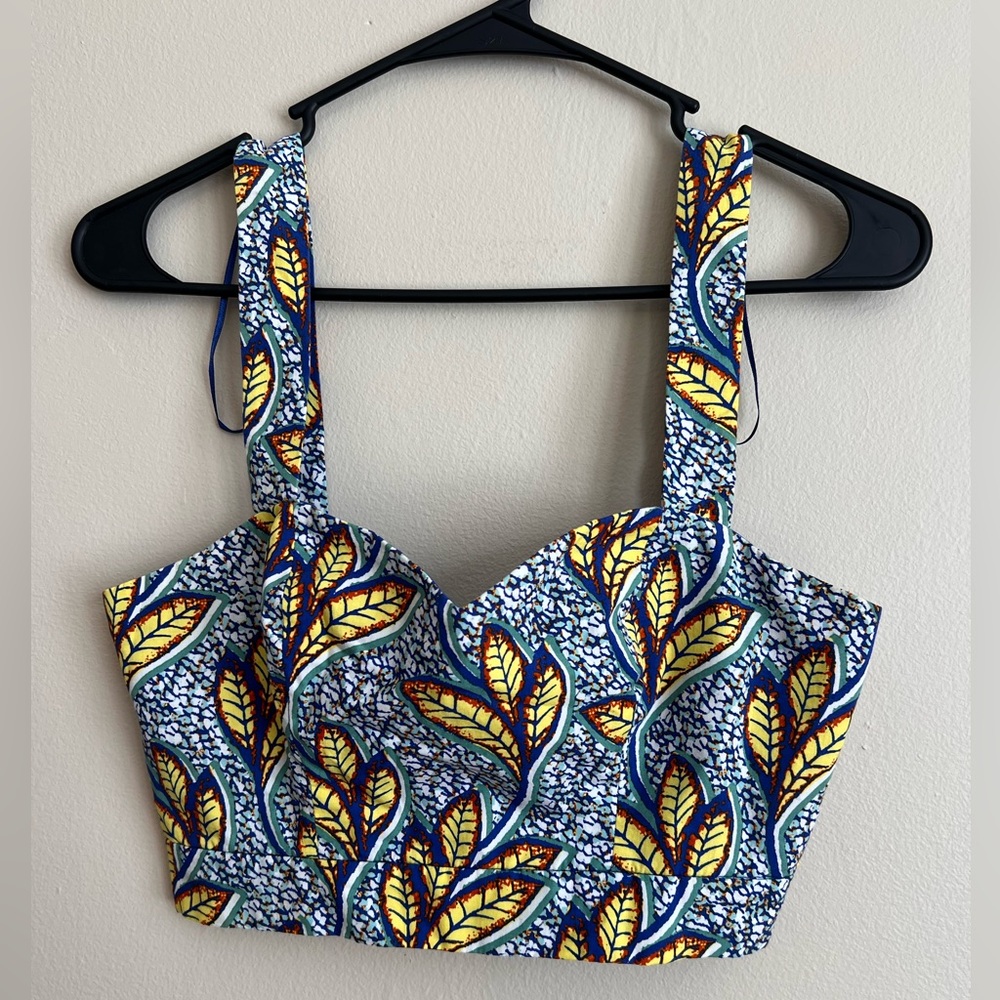 ZARA Women's Trafaluc Tropical Leaf Print Crop Top Blue Yellow Sweetheart small